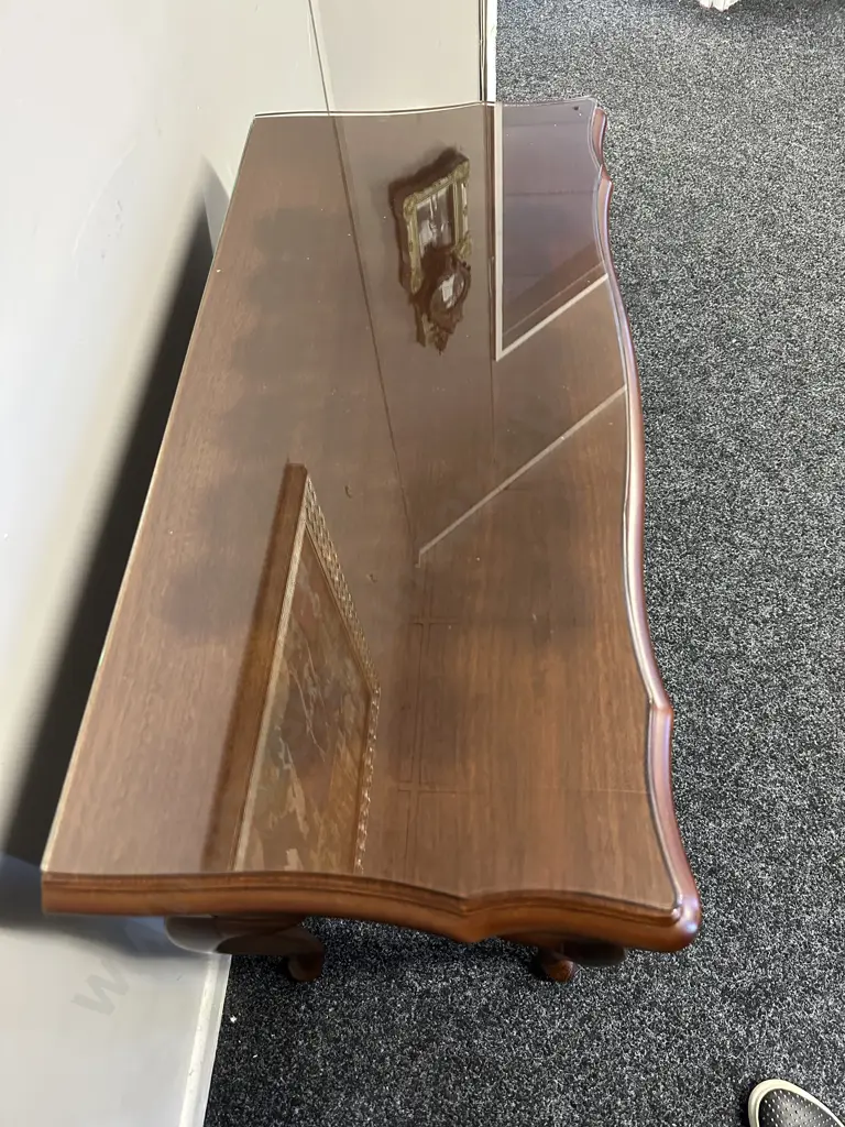 Mahogany Queen Anne Style Console Table Single Drawer, Cabriole Legs, Scalloped With Glass Top H69,W80,D38cm. Image 1++