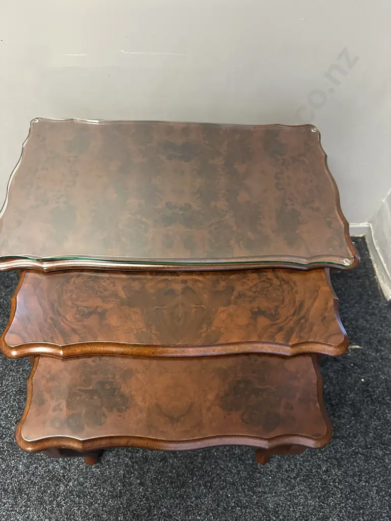 Burr Walnut Nest Of Tables With Glass Tops & Cabriole Legs Image 1++