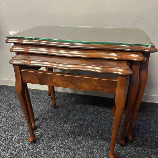 Burr Walnut Nest Of Tables With Glass Tops & Cabriole Legs