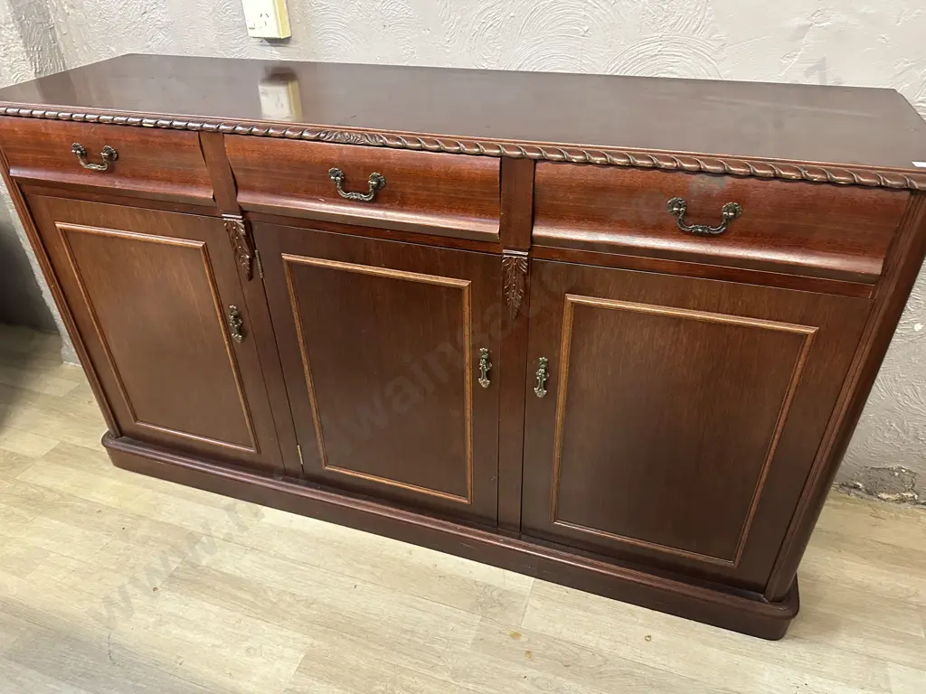 Mahogany Side Board Three Drawer, Three Door, Carved Edge & Vintage Metal Handles H86,W150,D42cm. Image 1++