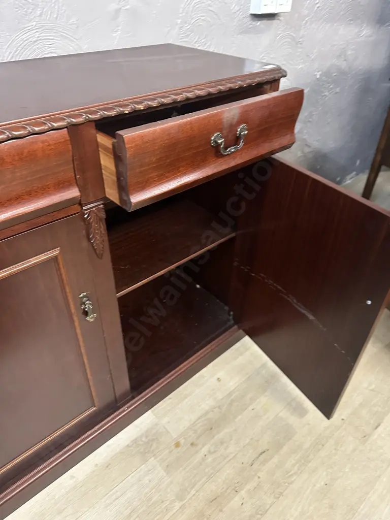 Mahogany Side Board Three Drawer, Three Door, Carved Edge & Vintage Metal Handles H86,W150,D42cm. Image 1++