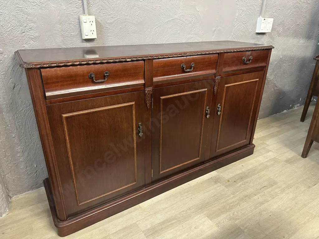 Mahogany Side Board Three Drawer, Three Door, Carved Edge & Vintage Metal Handles H86,W150,D42cm. Image 1++
