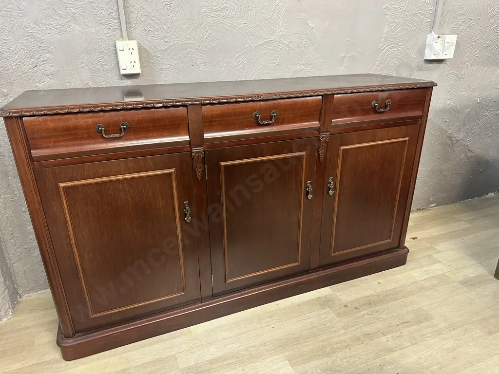 Mahogany Side Board Three Drawer, Three Door, Carved Edge & Vintage Metal Handles H86,W150,D42cm. Image 1++