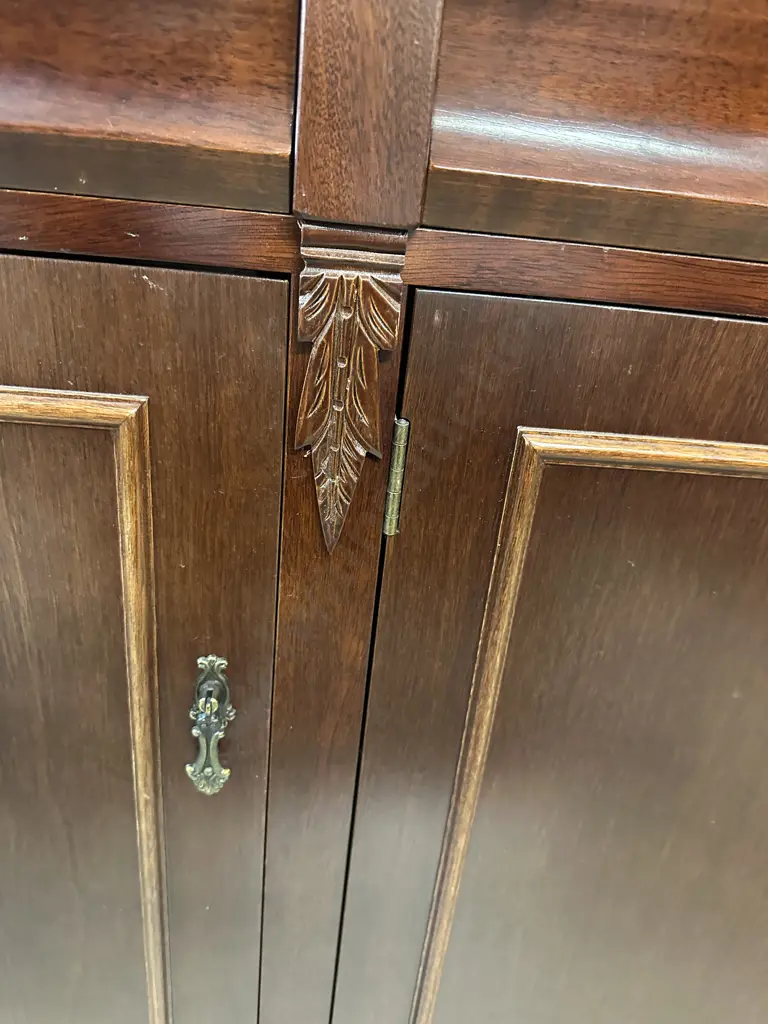Mahogany Side Board Three Drawer, Three Door, Carved Edge & Vintage Metal Handles H86,W150,D42cm. Image 1++