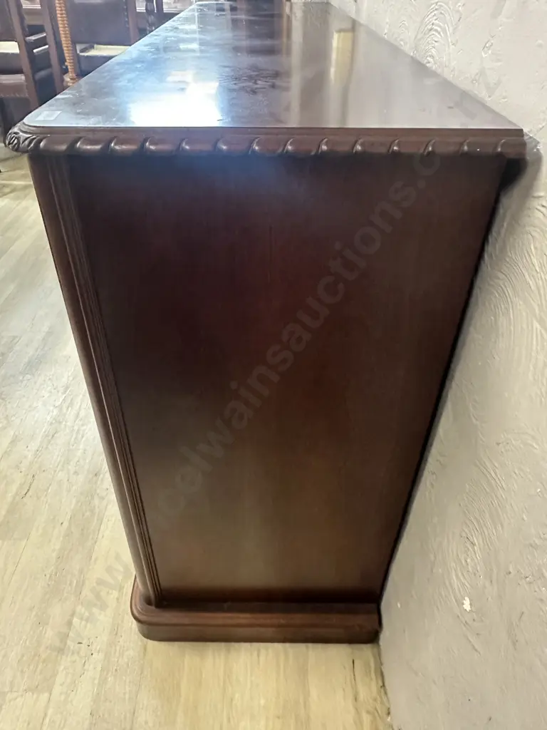 Mahogany Side Board Three Drawer, Three Door, Carved Edge & Vintage Metal Handles H86,W150,D42cm. Image 1++