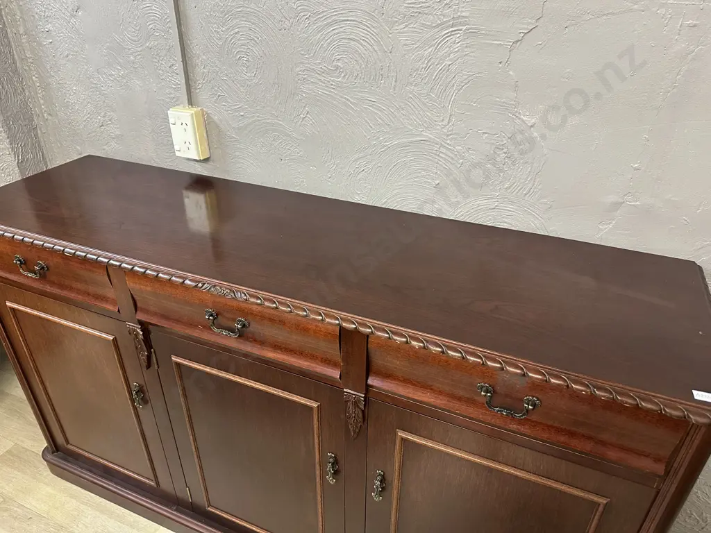 Mahogany Side Board Three Drawer, Three Door, Carved Edge & Vintage Metal Handles H86,W150,D42cm. Image 1++