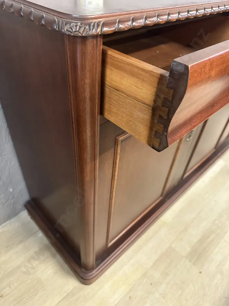 Mahogany Side Board Three Drawer, Three Door, Carved Edge & Vintage Metal Handles H86,W150,D42cm. Image 1++