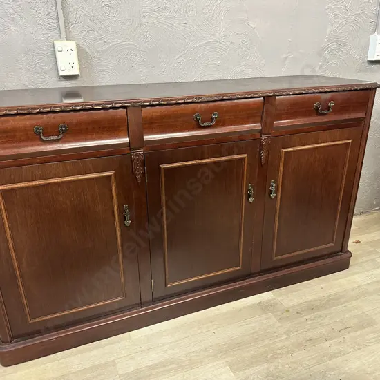 Mahogany Side Board Three Drawer, Three Door, Carved Edge & Vintage Metal Handles H86,W150,D42cm.