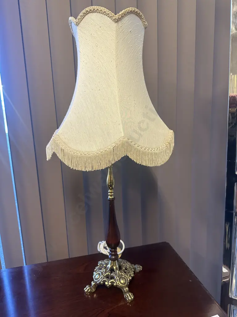 Vintage Table Lamp Brass Ornate Base With Wood Detail & Cream Fringed Shade H80cm. Image 1++