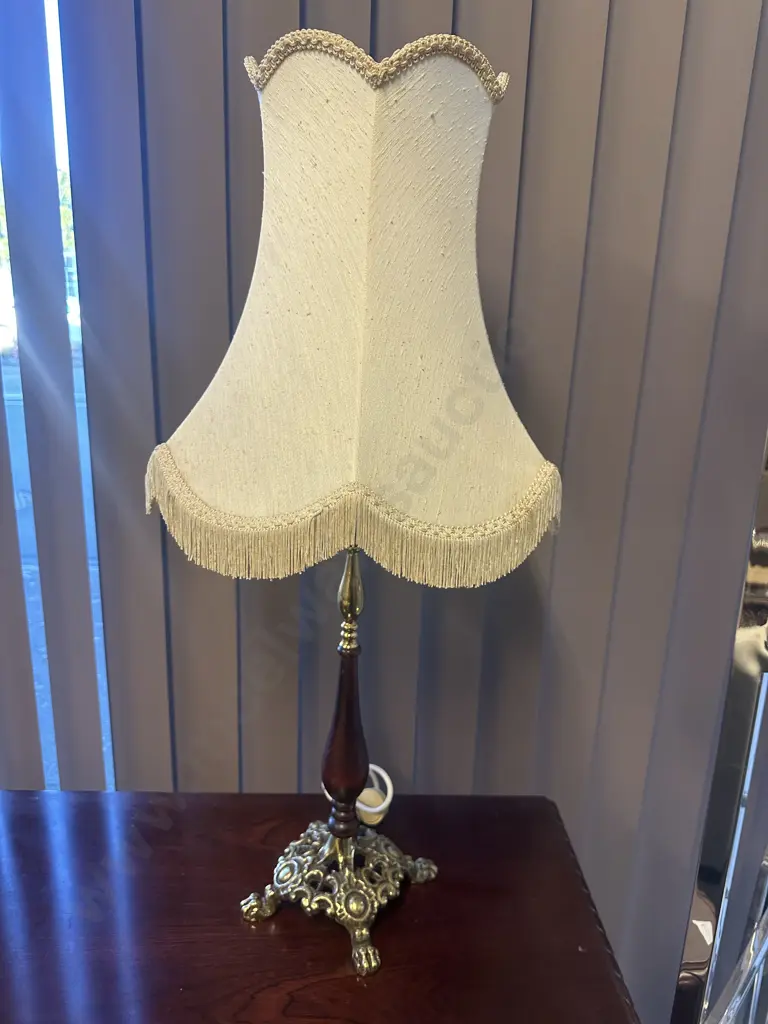 Vintage Table Lamp Brass Ornate Base With Wood Detail & Cream Fringed Shade H80cm. Image 1++