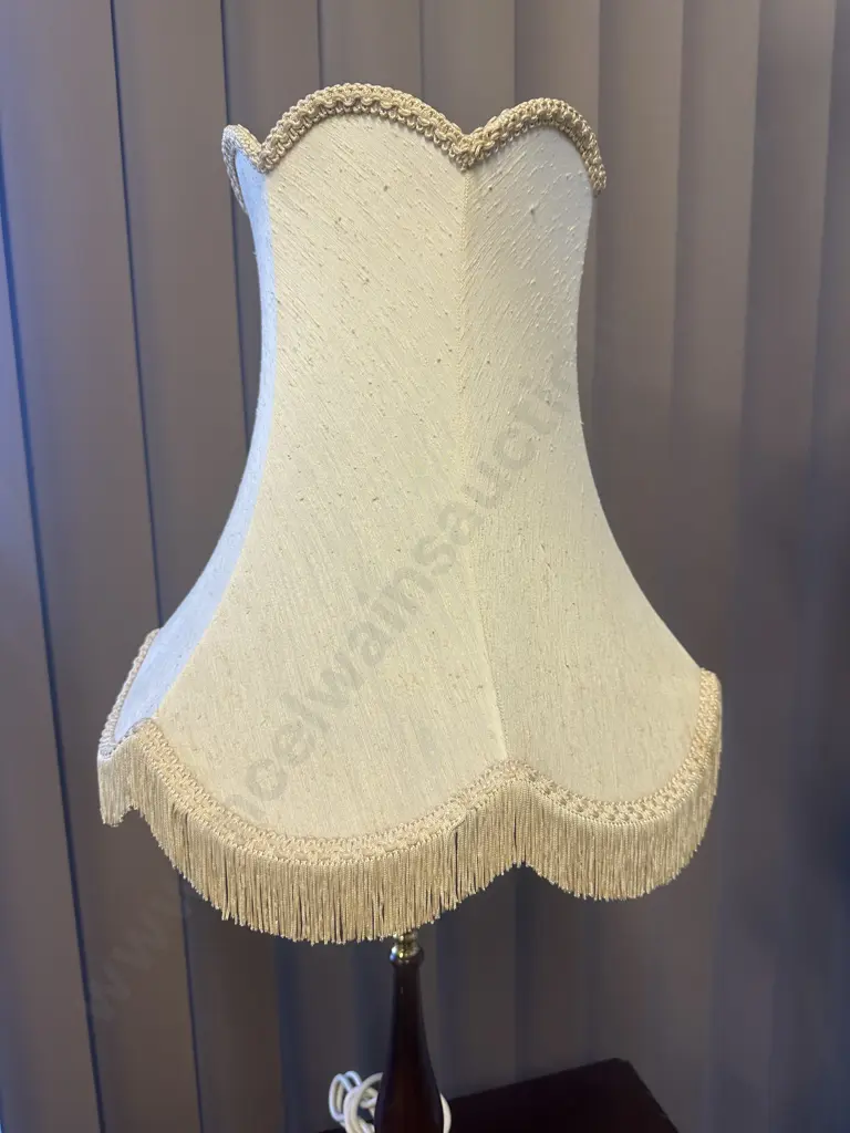 Vintage Table Lamp Brass Ornate Base With Wood Detail & Cream Fringed Shade H80cm. Image 1++