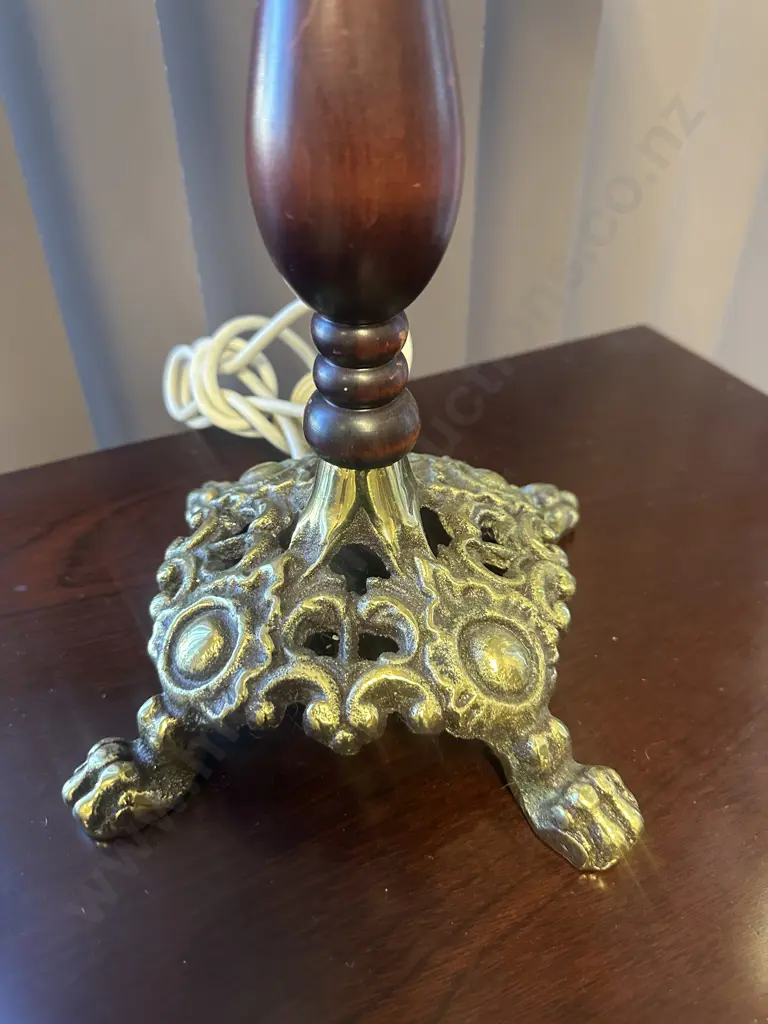 Vintage Table Lamp Brass Ornate Base With Wood Detail & Cream Fringed Shade H80cm. Image 1++
