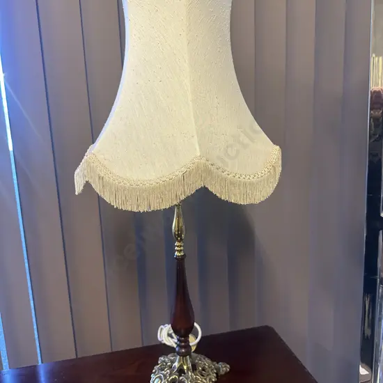 Vintage Table Lamp Brass Ornate Base With Wood Detail & Cream Fringed Shade H80cm.