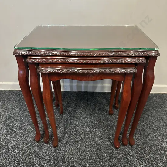 Mahogany Nest Of Tables Cabriole Legs Glass Top Carved Detail