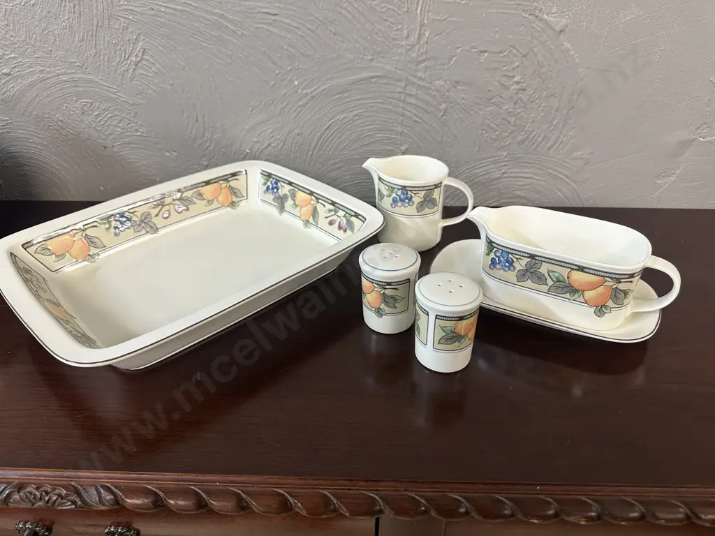 Mikasa Intaglio Garden Harvest Rectangular Serving Platter, Gravy Jug & Under Plate, Creamer & Salt & Pepper Shakers Image 1++