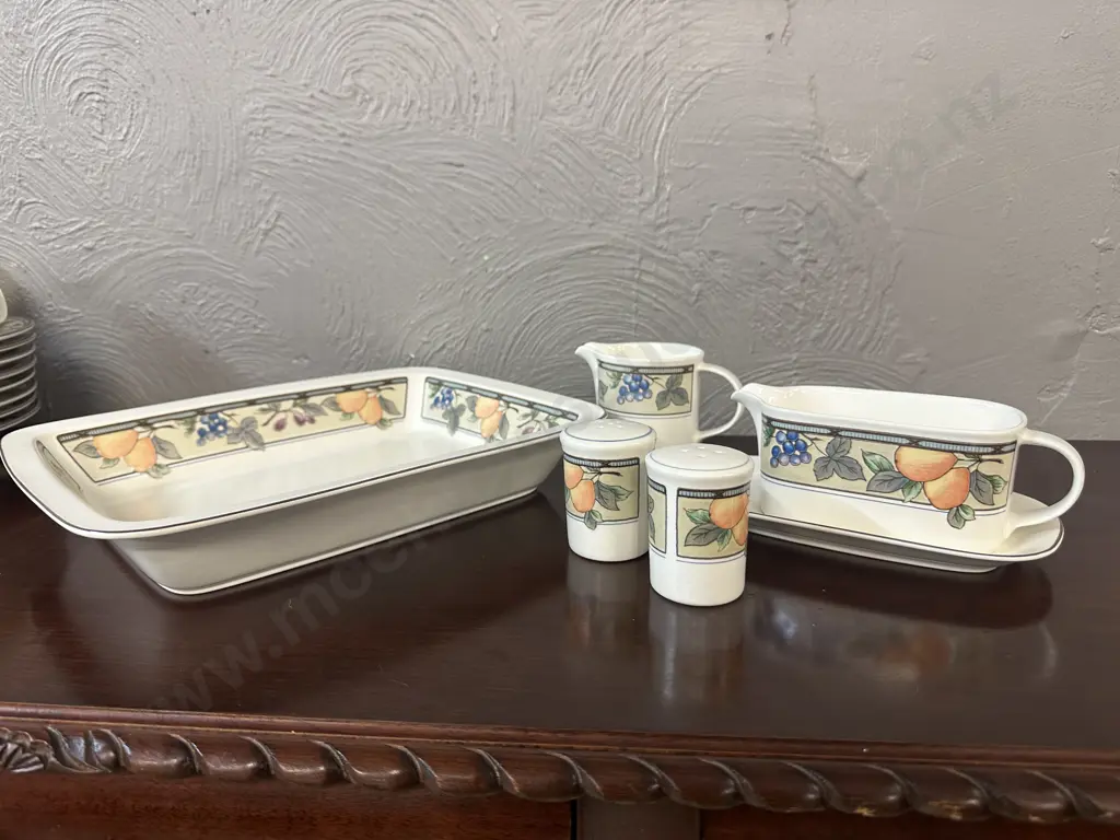 Mikasa Intaglio Garden Harvest Rectangular Serving Platter, Gravy Jug & Under Plate, Creamer & Salt & Pepper Shakers Image 1++
