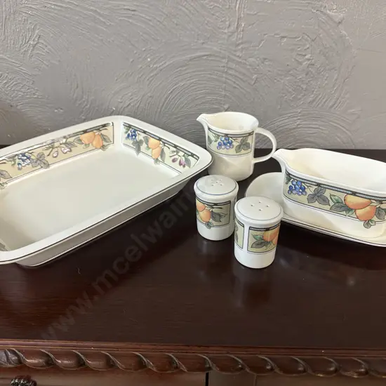 Mikasa Intaglio Garden Harvest Rectangular Serving Platter, Gravy Jug & Under Plate, Creamer & Salt & Pepper Shakers