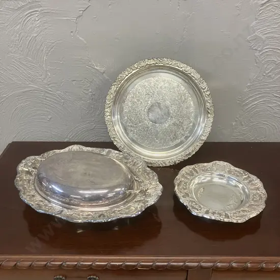 Ex Chandler House - Heavy Hecworth Silver Plate Circular Tray, Mytton Rodd Dish & Lidded Serving Dish With Glass Inner