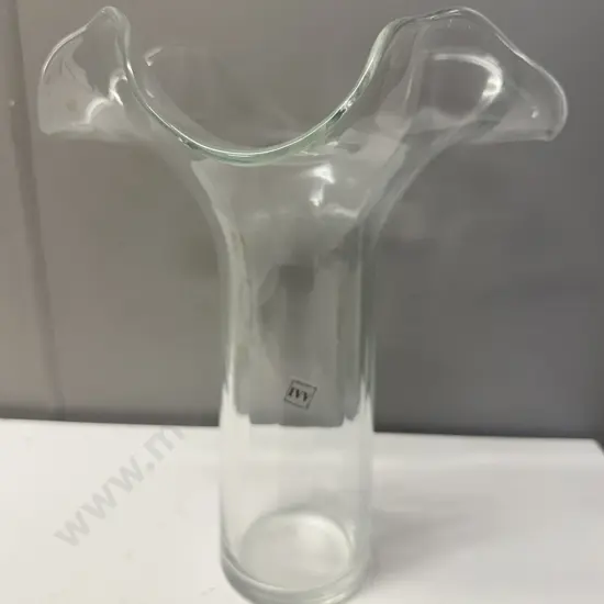 Italian Ivv Hand Blowen Glass Ribbed Design Ruffle Vase H29.5cm.