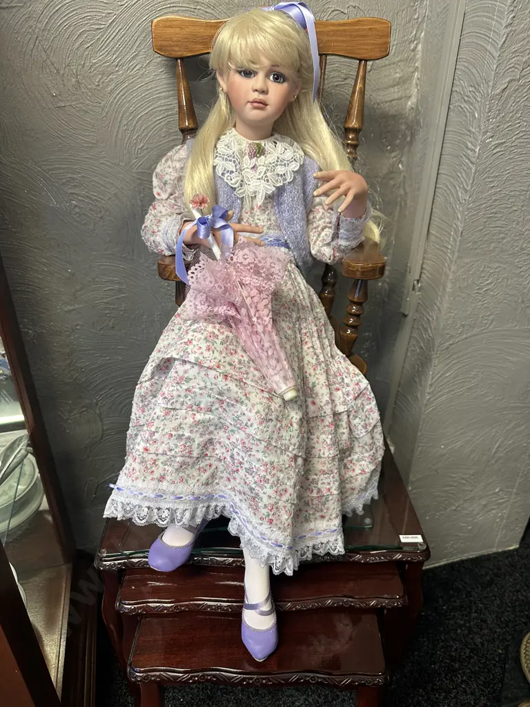Vintage Porcelain Doll Sitting On Minature Colonial ChairWith Legs Crossed Dressed By Jan Mclean Designers Image 1++