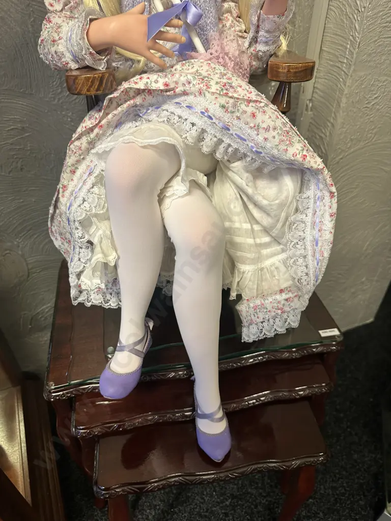 Vintage Porcelain Doll Sitting On Minature Colonial ChairWith Legs Crossed Dressed By Jan Mclean Designers Image 1++