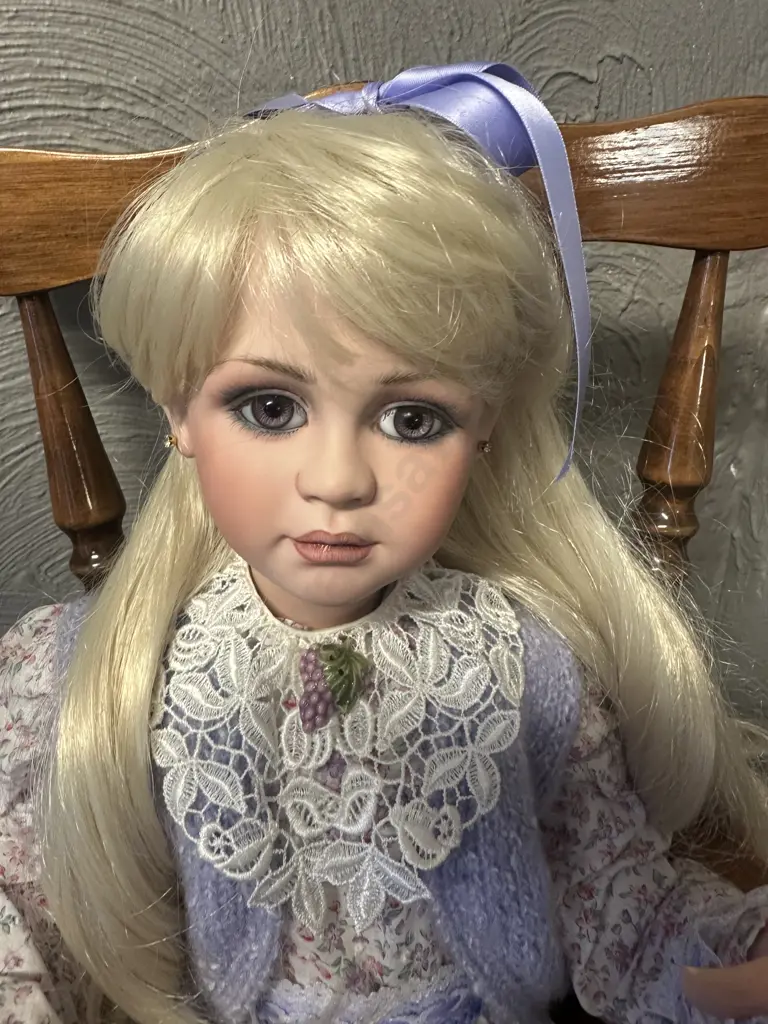 Vintage Porcelain Doll Sitting On Minature Colonial ChairWith Legs Crossed Dressed By Jan Mclean Designers Image 1++