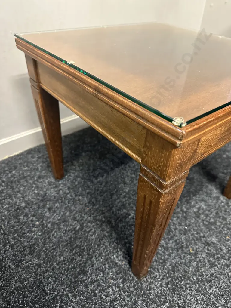 Small Square Mahogany Side Table With Glass Top H36x40x40cm. Image 1++