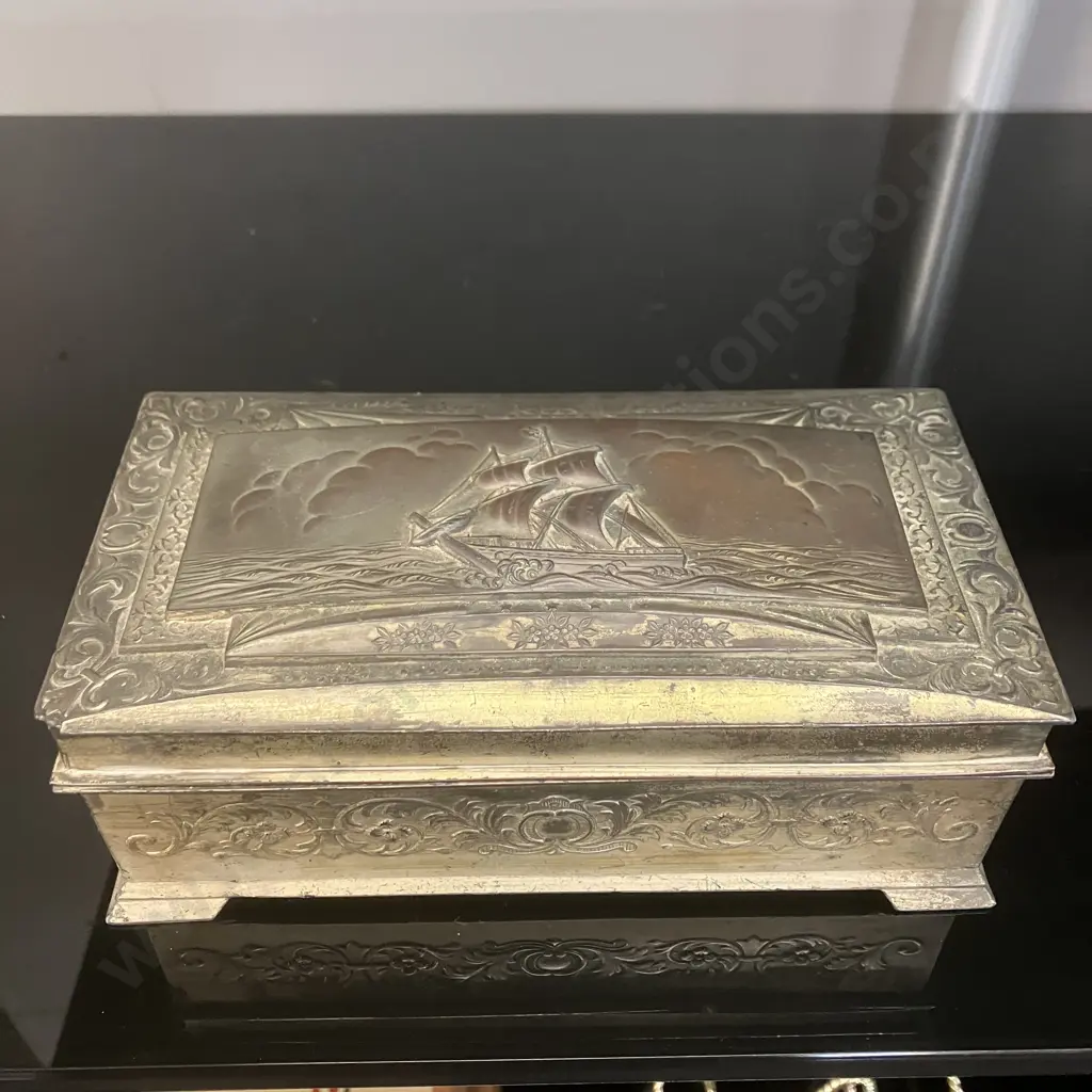 Vintage Metal Embossed Clipper Ship Trinket / Cigarette Box,  Decorative Floral Patterns. H7 W18 D9.5cm Image 1++
