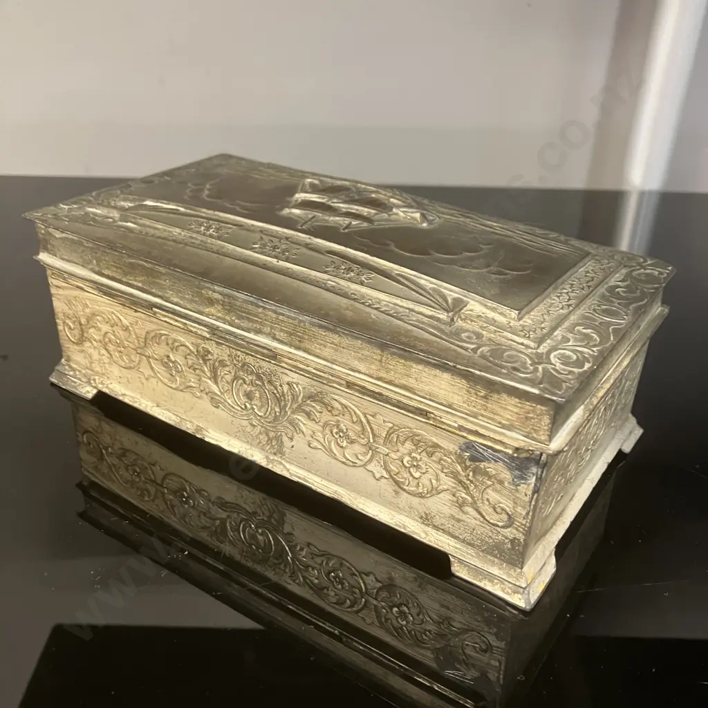Vintage Metal Embossed Clipper Ship Trinket / Cigarette Box,  Decorative Floral Patterns. H7 W18 D9.5cm Image 1++