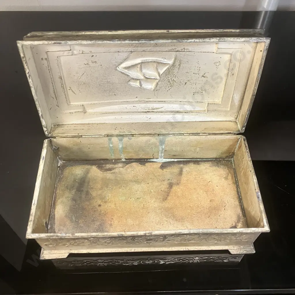 Vintage Metal Embossed Clipper Ship Trinket / Cigarette Box,  Decorative Floral Patterns. H7 W18 D9.5cm Image 1++