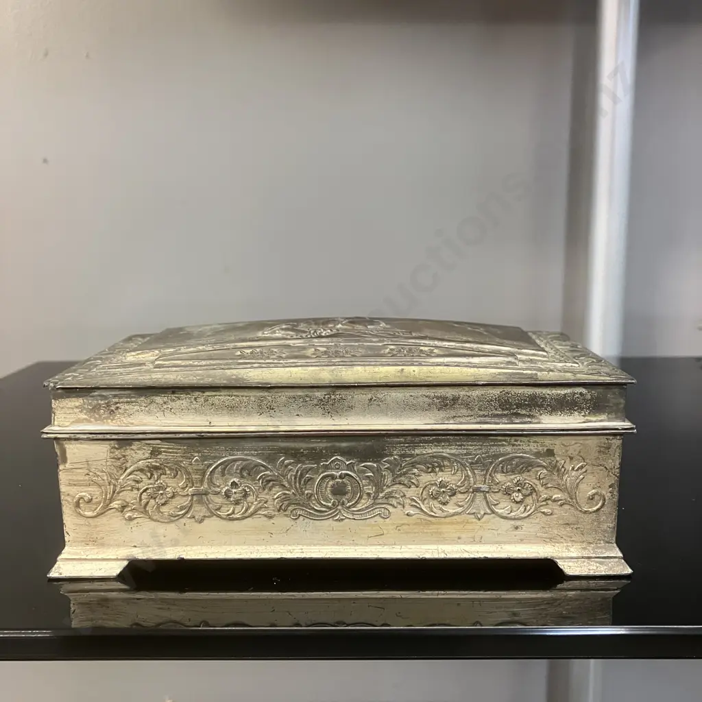 Vintage Metal Embossed Clipper Ship Trinket / Cigarette Box,  Decorative Floral Patterns. H7 W18 D9.5cm Image 1++