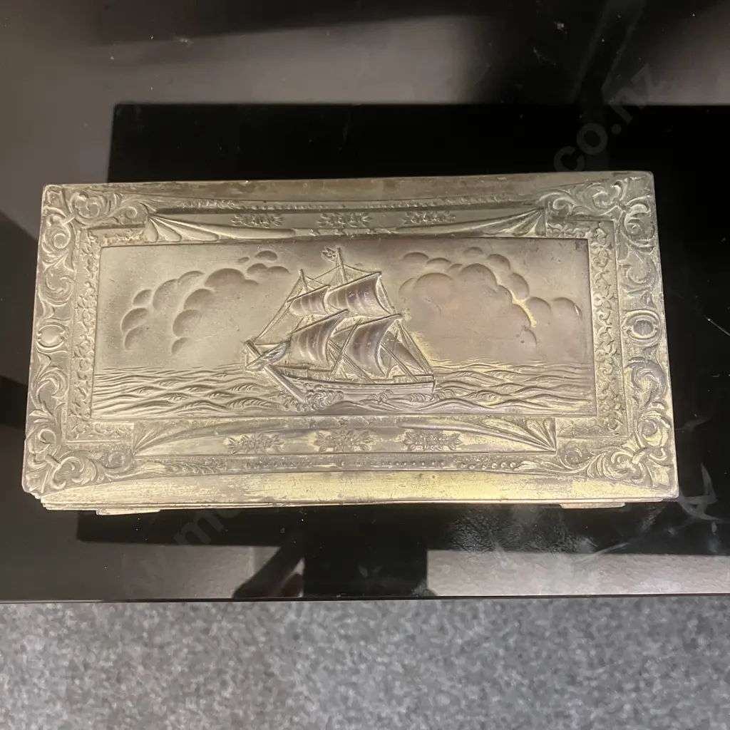 Vintage Metal Embossed Clipper Ship Trinket / Cigarette Box,  Decorative Floral Patterns. H7 W18 D9.5cm Image 1++