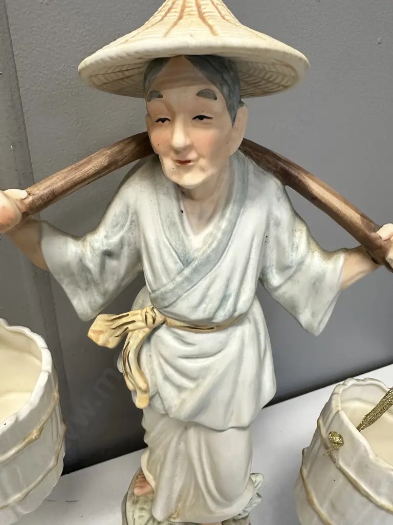 Vintage Porcelain Figurines Oriental Man & Lady Carrying Water Image 1++