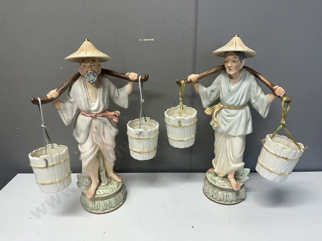 Vintage Porcelain Figurines Oriental Man & Lady Carrying Water Image 1++