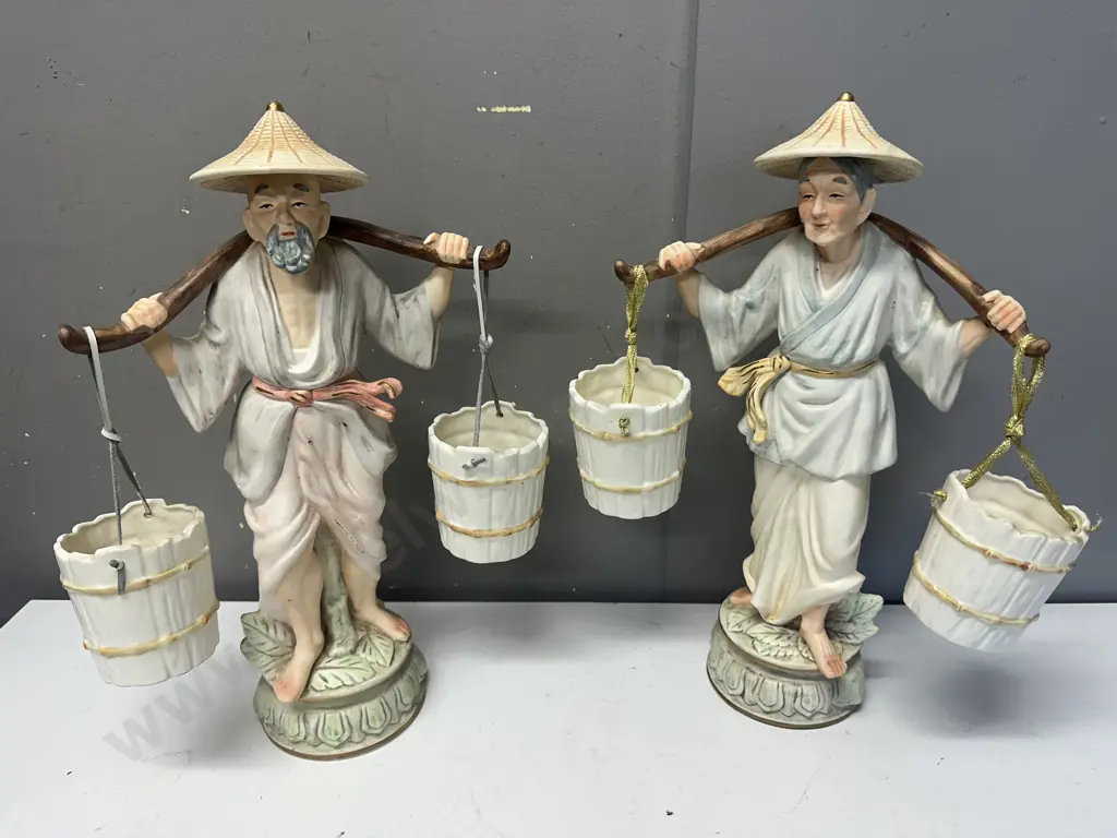 Vintage Porcelain Figurines Oriental Man & Lady Carrying Water Image 1++