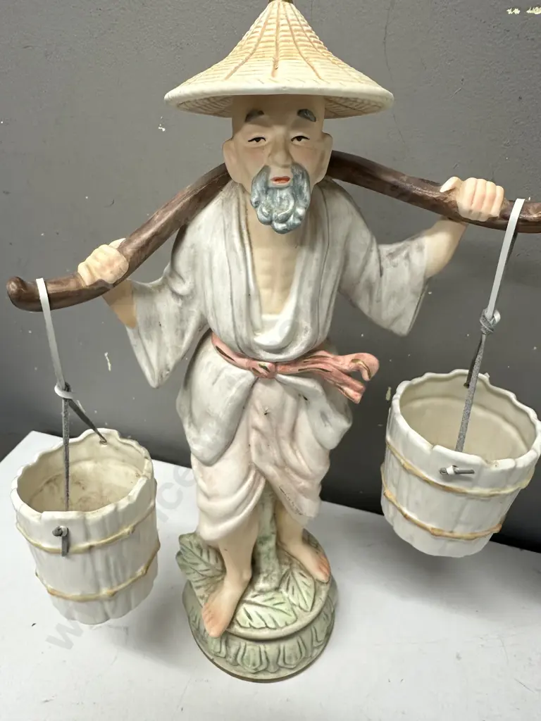 Vintage Porcelain Figurines Oriental Man & Lady Carrying Water Image 1++