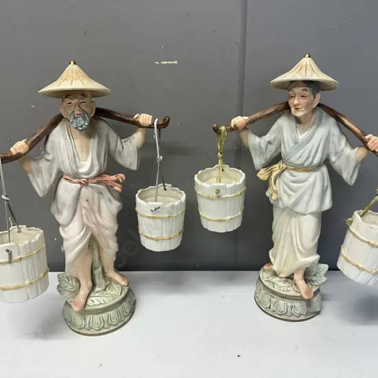 Vintage Porcelain Figurines Oriental Man & Lady Carrying Water