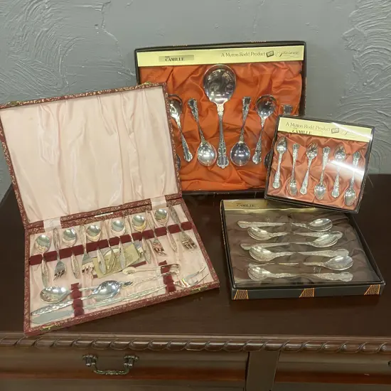 Rodd Camille Silverware Boxed Sets x 3 With A Bedford Plate Cased Dessert Set