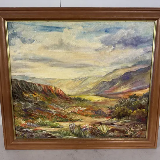 Signed Framed Artwork Oil On Board Landscape Scene H62,W71cm.