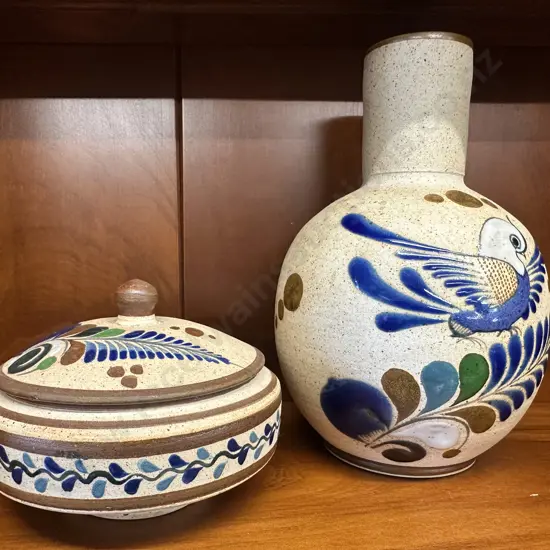 Tonala Pottery Mexican Vase & Lidded Dish 