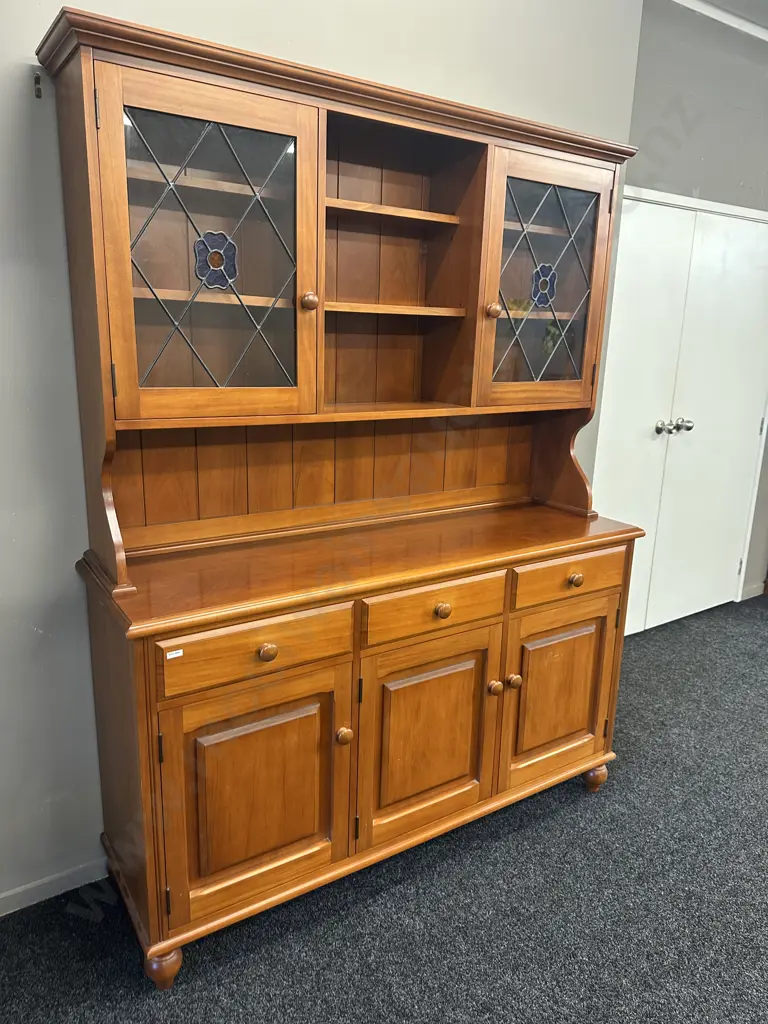 Rose & Heather NZ Kauri Hutchdresser, 1990s, Leadlight Doors, Flocked Drawers, 2 Piece. H198 W151 D46cm Image 1++