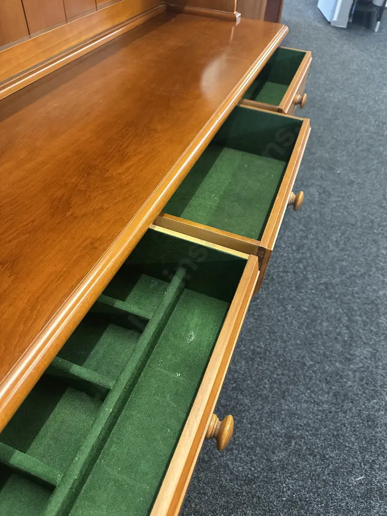 Rose & Heather NZ Kauri Hutchdresser, 1990s, Leadlight Doors, Flocked Drawers, 2 Piece. H198 W151 D46cm Image 1++