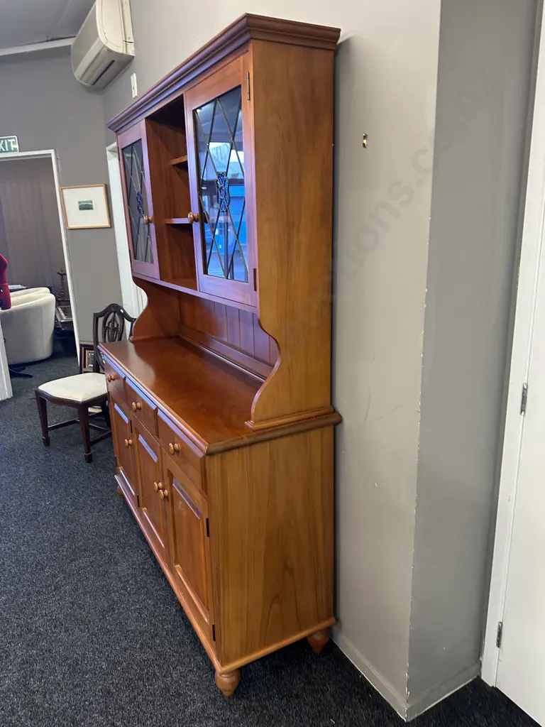 Rose & Heather NZ Kauri Hutchdresser, 1990s, Leadlight Doors, Flocked Drawers, 2 Piece. H198 W151 D46cm Image 1++