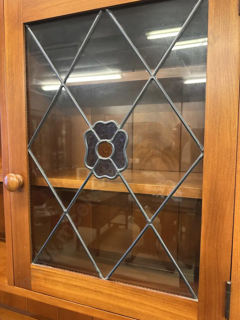 Rose & Heather NZ Kauri Hutchdresser, 1990s, Leadlight Doors, Flocked Drawers, 2 Piece. H198 W151 D46cm Image 1++