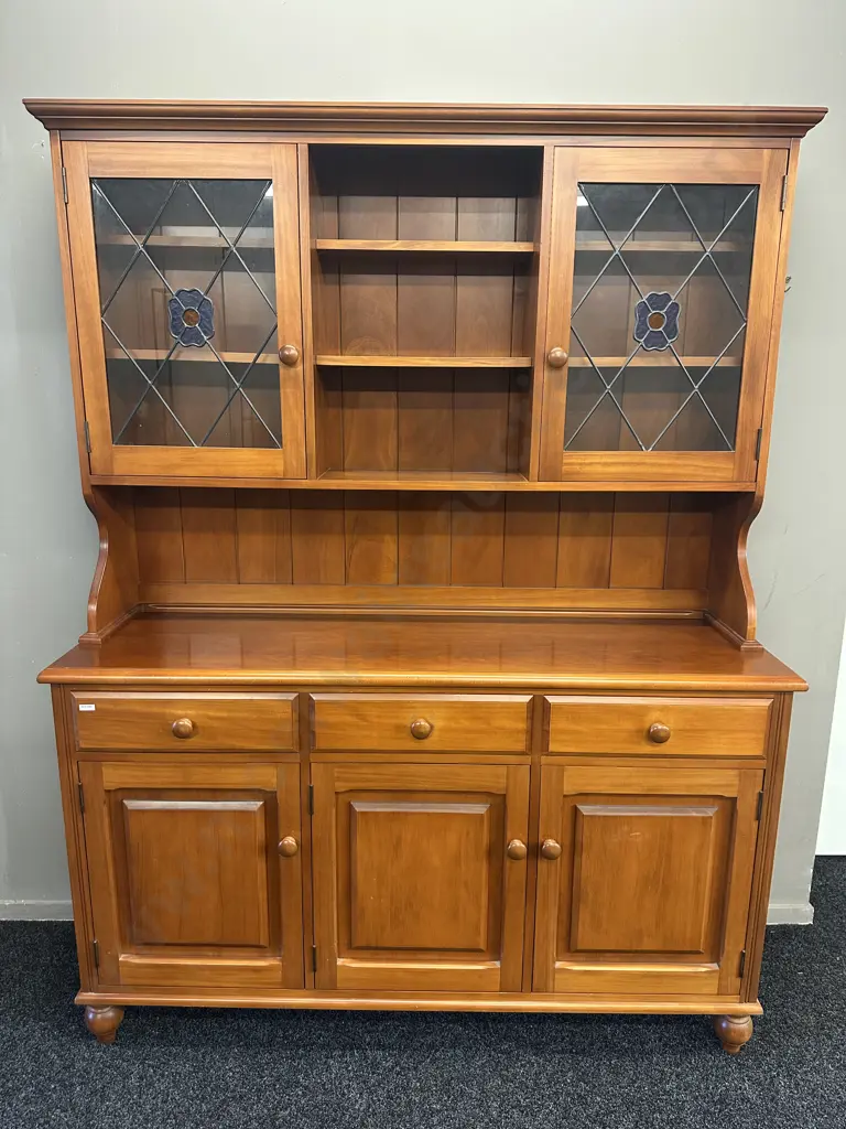 Rose & Heather NZ Kauri Hutchdresser, 1990s, Leadlight Doors, Flocked Drawers, 2 Piece. H198 W151 D46cm Image 1++