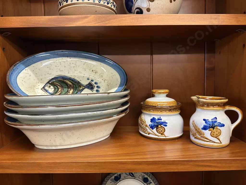 Schramberg Handemalt Kornblume Sunflower Sugar Bowl & Creamer With Five Hasegawa Blue Fish Oval Hand Painted Plates Image 1++
