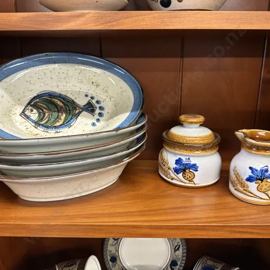 Schramberg Handemalt Kornblume Sunflower Sugar Bowl & Creamer With Five Hasegawa Blue Fish Oval Hand Painted Plates
