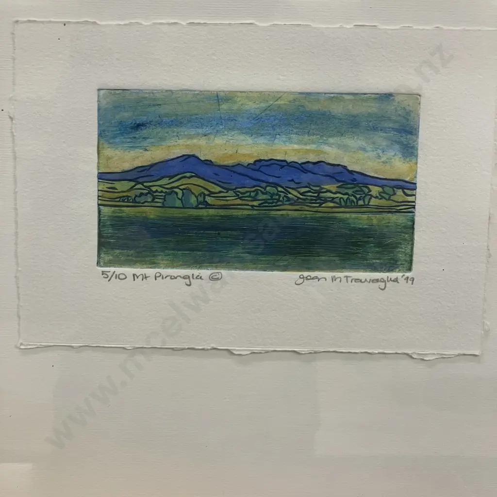 Mt Pirongia by Joan M Travaglia '99  5/10 Framed Artwork. 30 x 39cm Image 1++