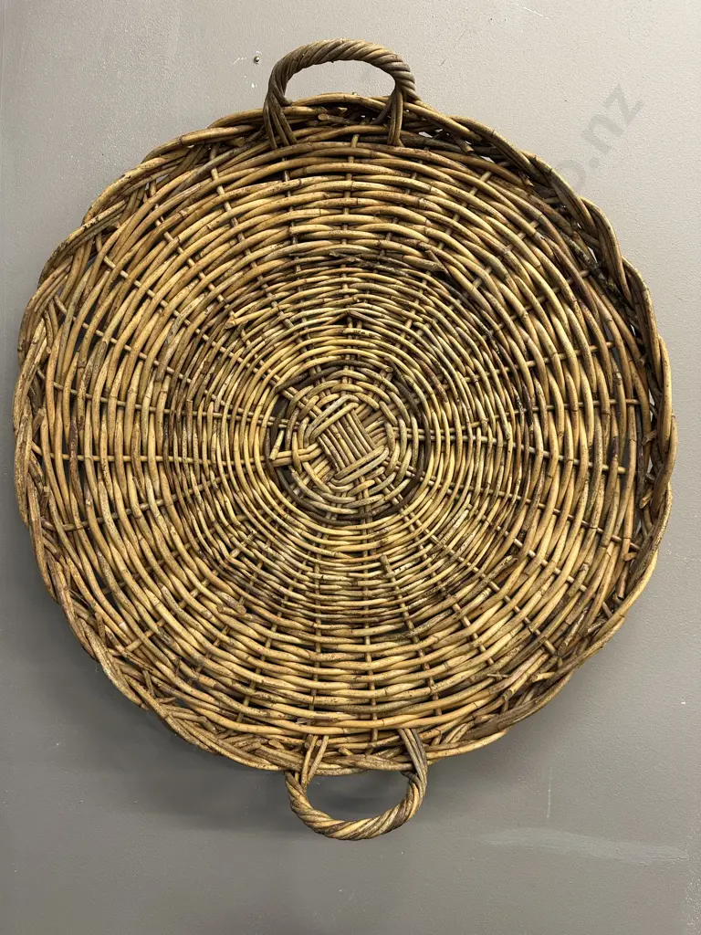 Vintage Round Cane Double Handled Serving Tray Dia71cm. Image 1++
