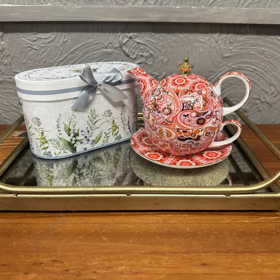 Gilt Mirrored Double Handled Tray, Boxed Mug Set Lilly Of The Valley & T2 Cup, Saucer & Teapot